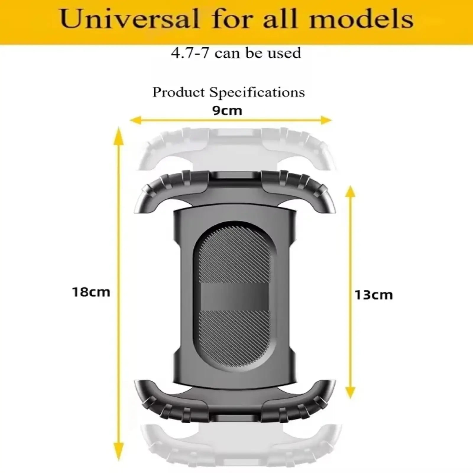 Black plastic universal bike phone mount with textured grip and mesh screen cutout for devices 4.7 to 7 inches