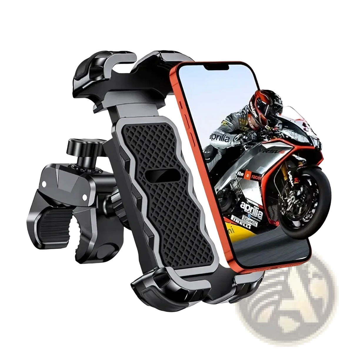 Black and silver universal bike phone mount with textured grip surface and 360 rotation shown from the back side
