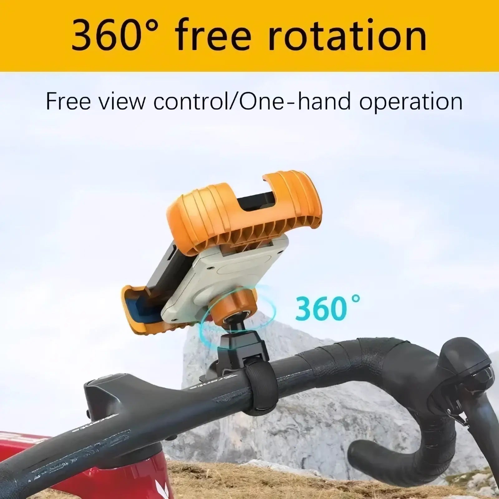 Universal bike phone mount 360 rotation in orange and black with textured grip and 360 degree rotating feature