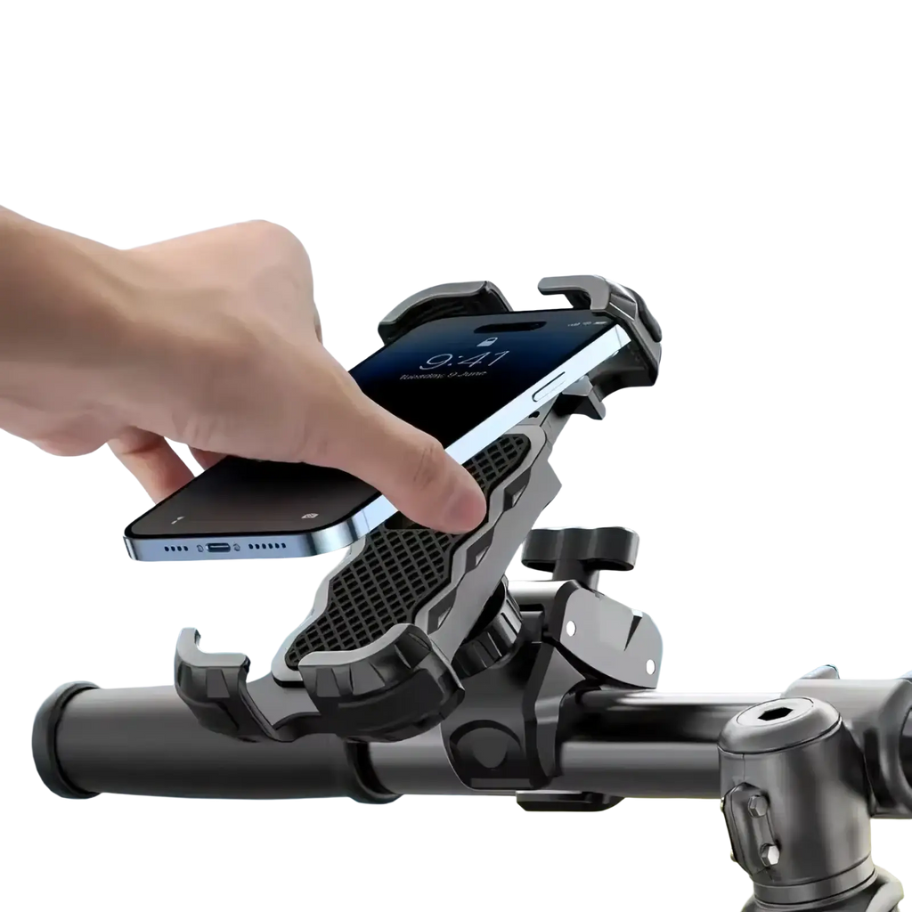 Black universal bike phone mount with adjustable clamp and textured grip featuring 360 rotation functionality