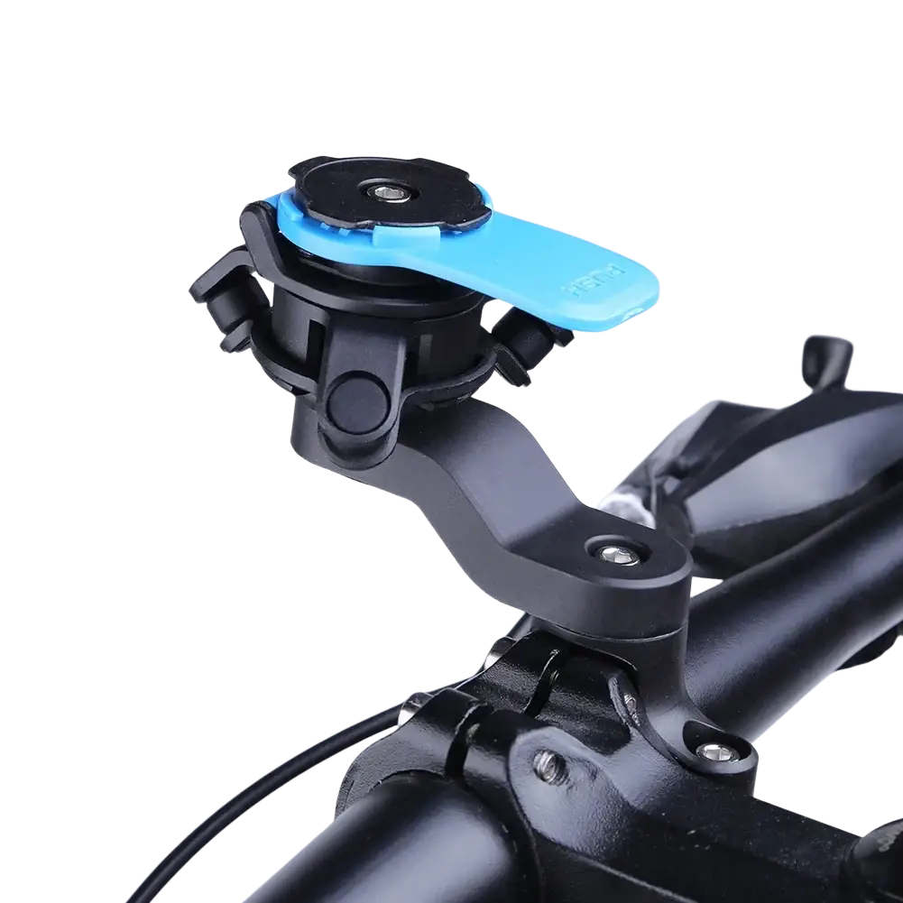 Universal bike phone mount with 360 rotation featuring a black and blue adjustable handlebar clamp