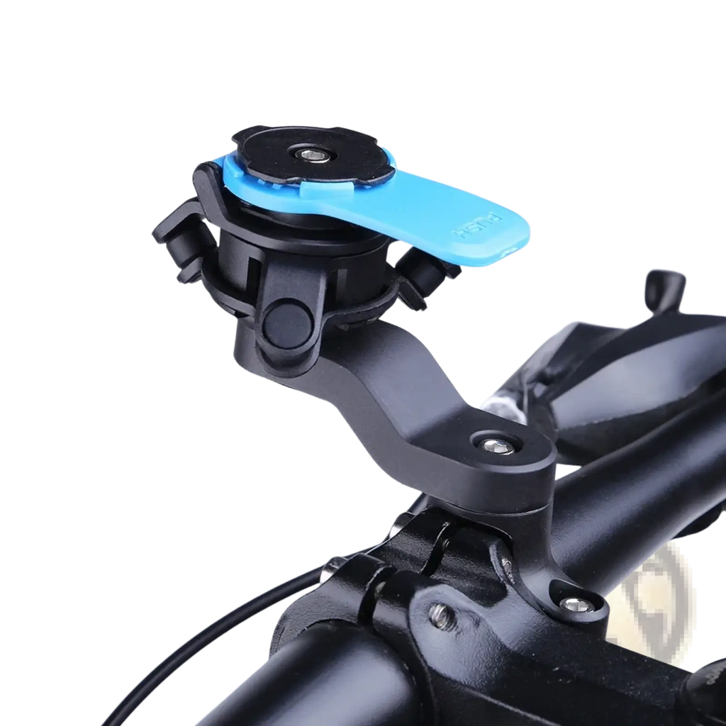 Universal bike phone mount with 360 rotation featuring a black and blue adjustable handlebar clamp