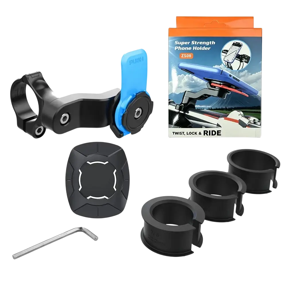 Black and blue universal bike phone mount with 360 rotation and adjustable clamp with included accessories