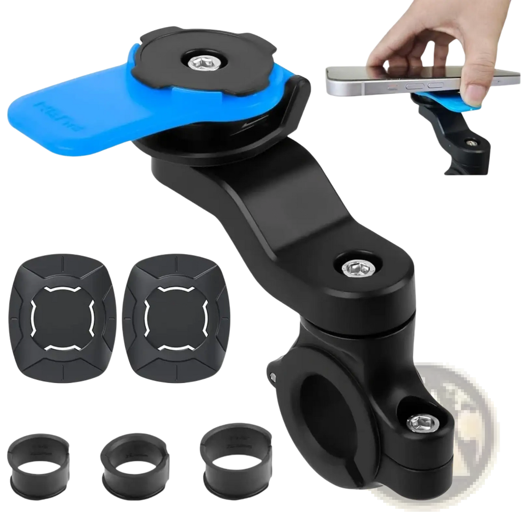 Black and blue universal bike phone mount with adjustable clamp 360 rotation and included accessories visible