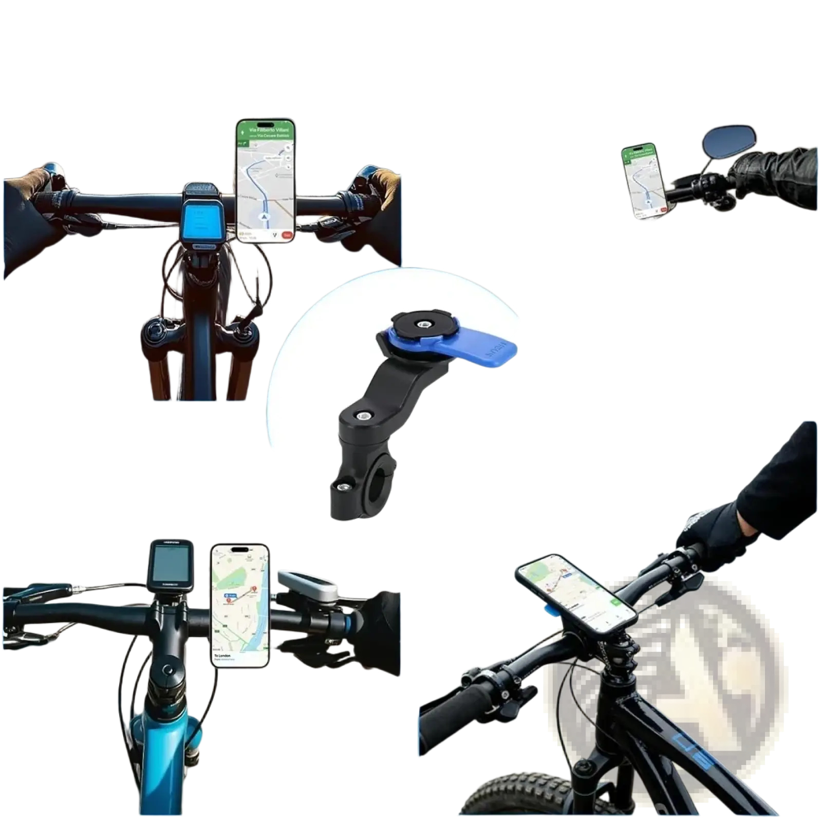 Black and blue universal bike phone mount with 360 rotation and adjustable clamp for securing smartphones on handlebars