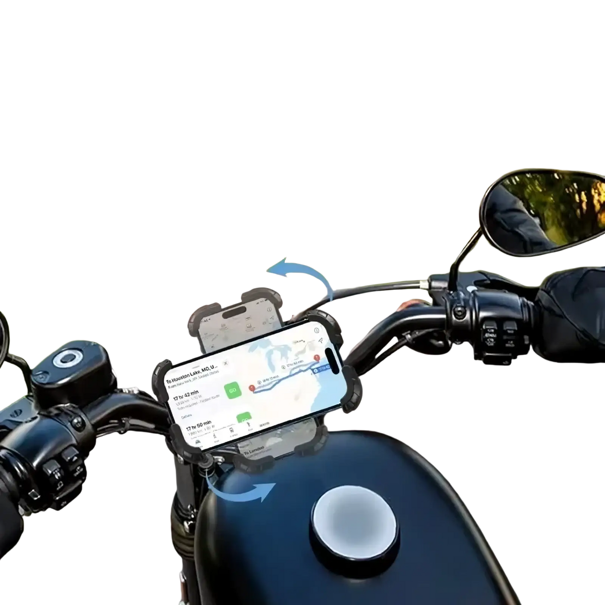 Black universal bike phone mount made of durable material with 360-degree rotation for motorcycle use shown from front side