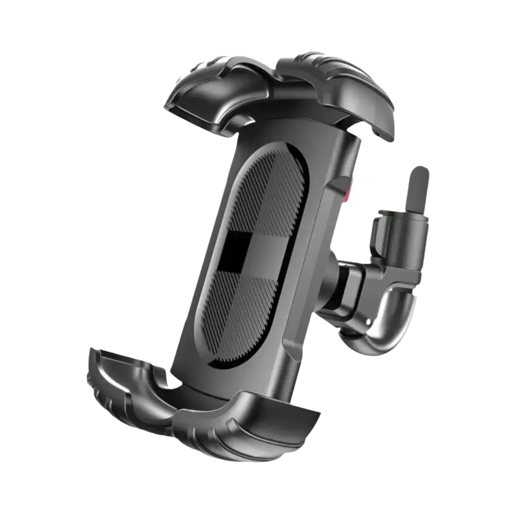 Black plastic universal bike phone mount with textured grip and adjustable clamp featuring 360 rotation capability