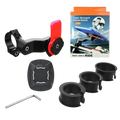 Black and red universal bike phone mount with 360 rotation and adjustable clamp with included accessories for secure attachment