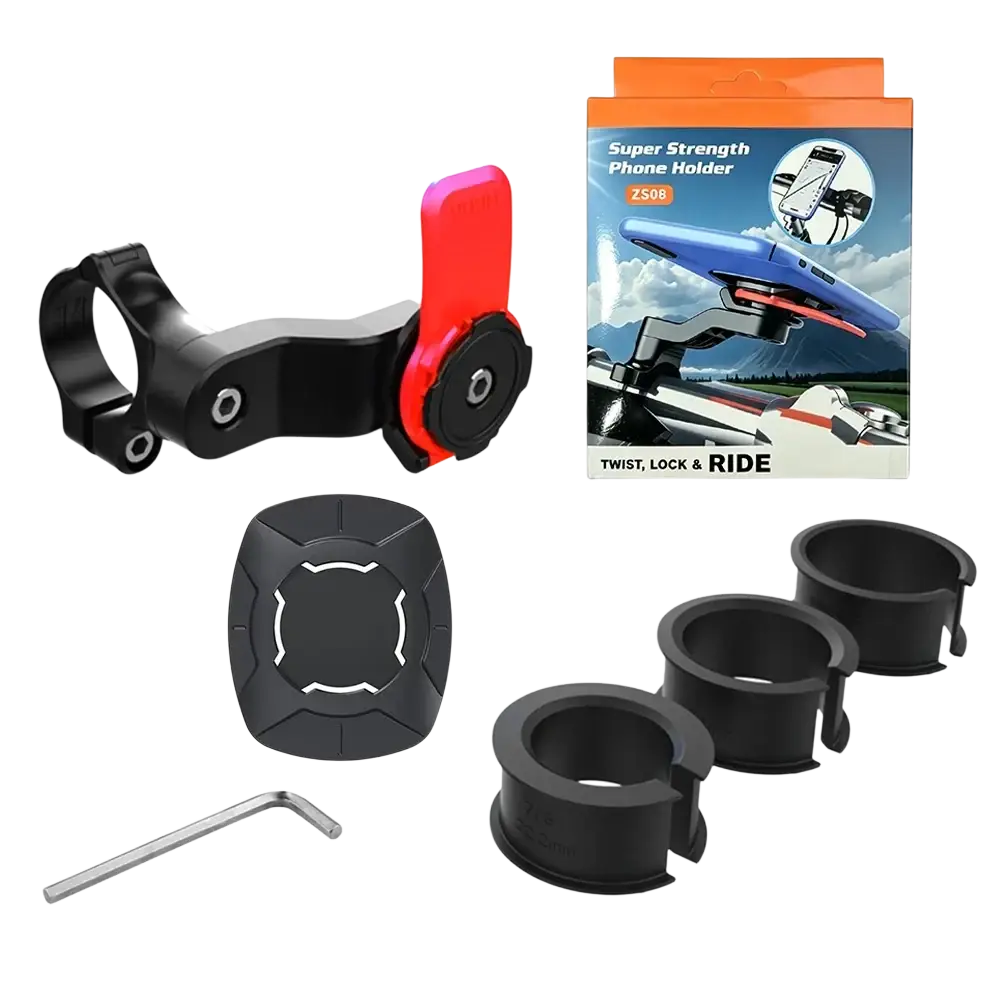 Black and red universal bike phone mount with 360 rotation and adjustable clamp with included accessories for secure attachment