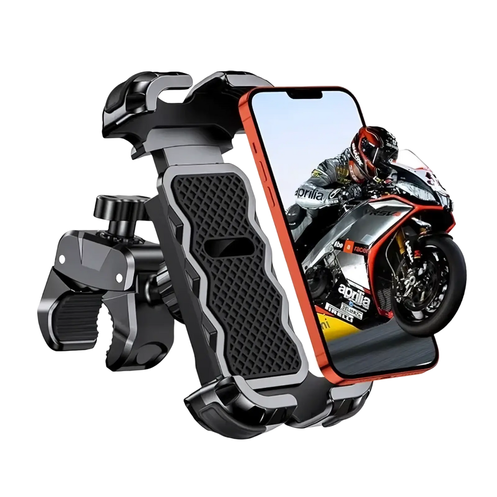 Black and silver universal bike phone mount with textured grip surface and 360 rotation shown from the back side