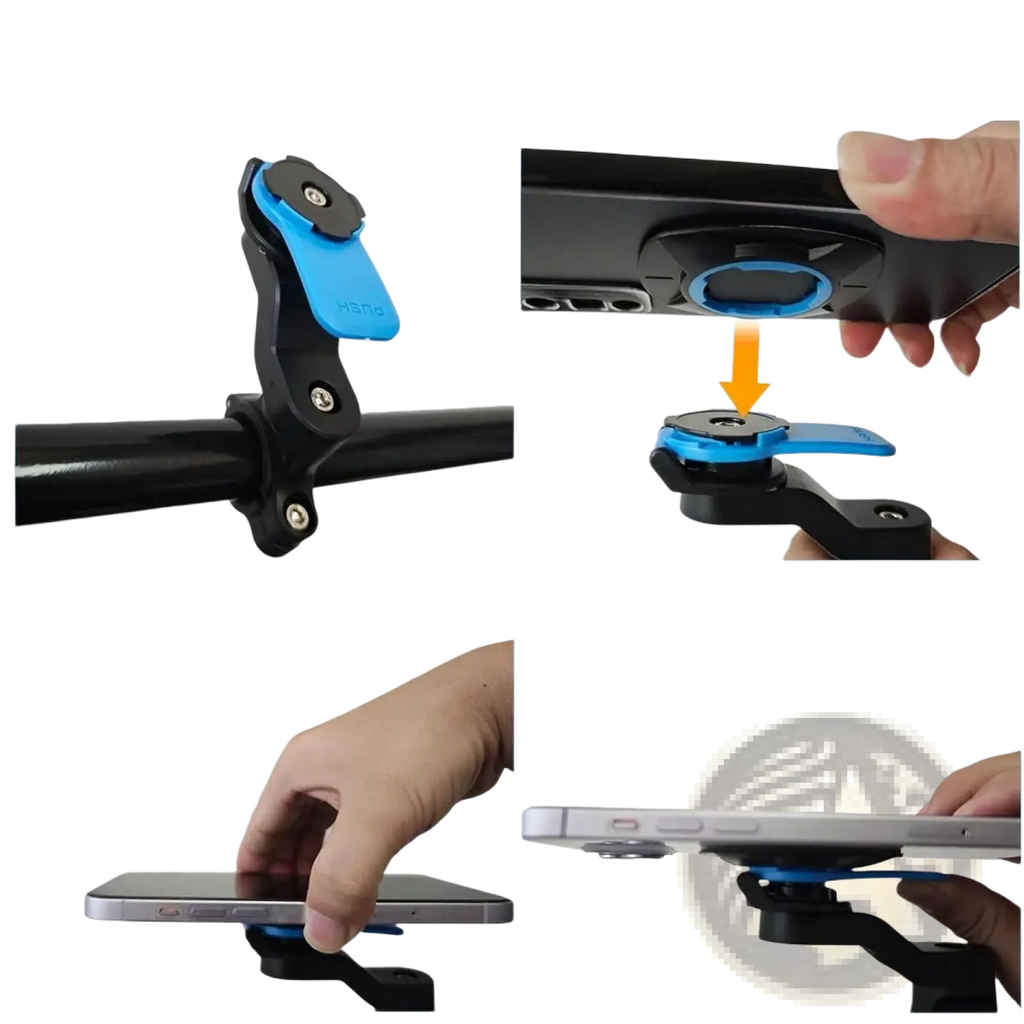 Blue and black universal bike phone mount with 360 rotation and quick-release adjustable design for tablets and phones