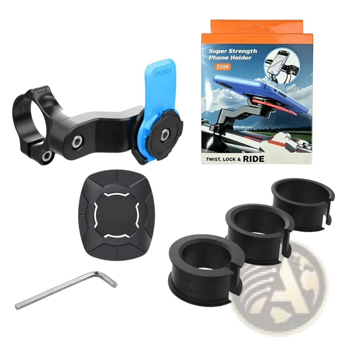 Black and blue universal bike phone mount with 360 rotation and adjustable clamp with included accessories
