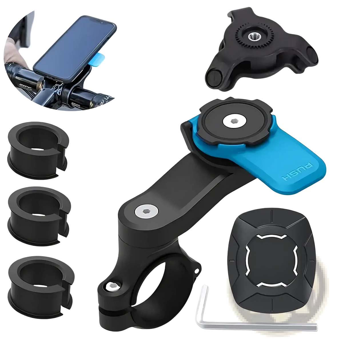Blue and black universal bike phone mount with 360 rotation and shock absorber for secure motorcycle use