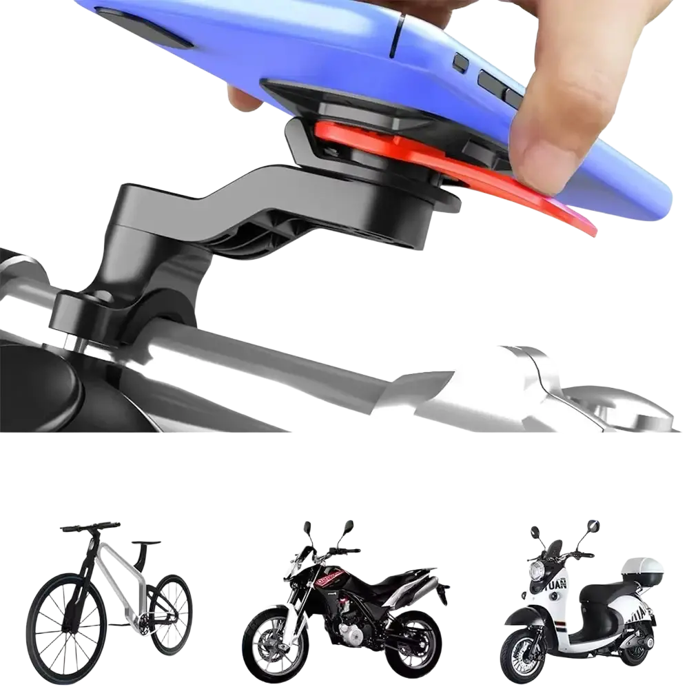 Blue smartphone mounted on a black and red adjustable bike phone mount with 360 rotation feature