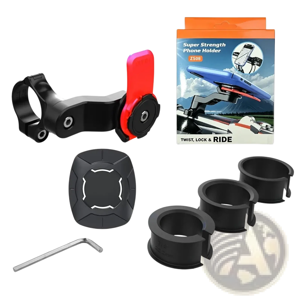 Black and red universal bike phone mount with 360 rotation and adjustable clamp with included accessories for secure attachment