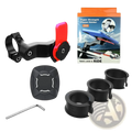 Black and red universal bike phone mount with 360 rotation and adjustable clamp with included accessories for secure attachment