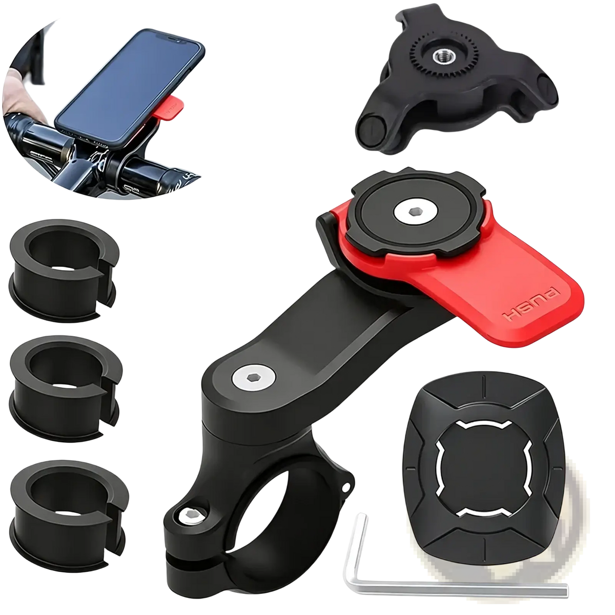 Red and black universal bike phone handlebar mount with shock absorber and 360 degree rotation shown from the back side