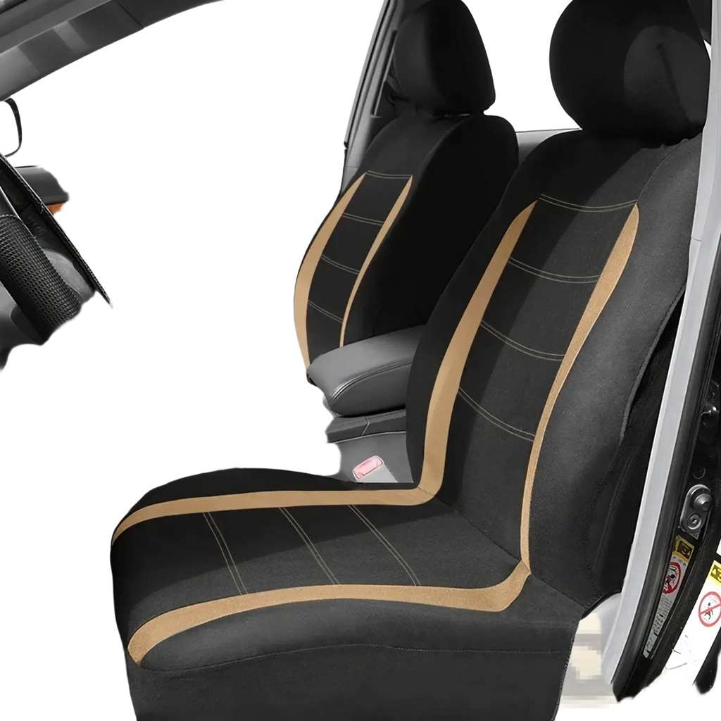 Universal car seat covers full set in black and tan with stitched detailing for durable and stylish protection