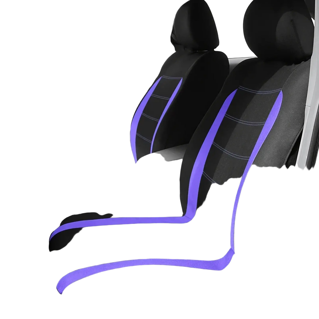 Universal car seat covers full set in black with vibrant purple stitching and trim designed for all vehicle seats