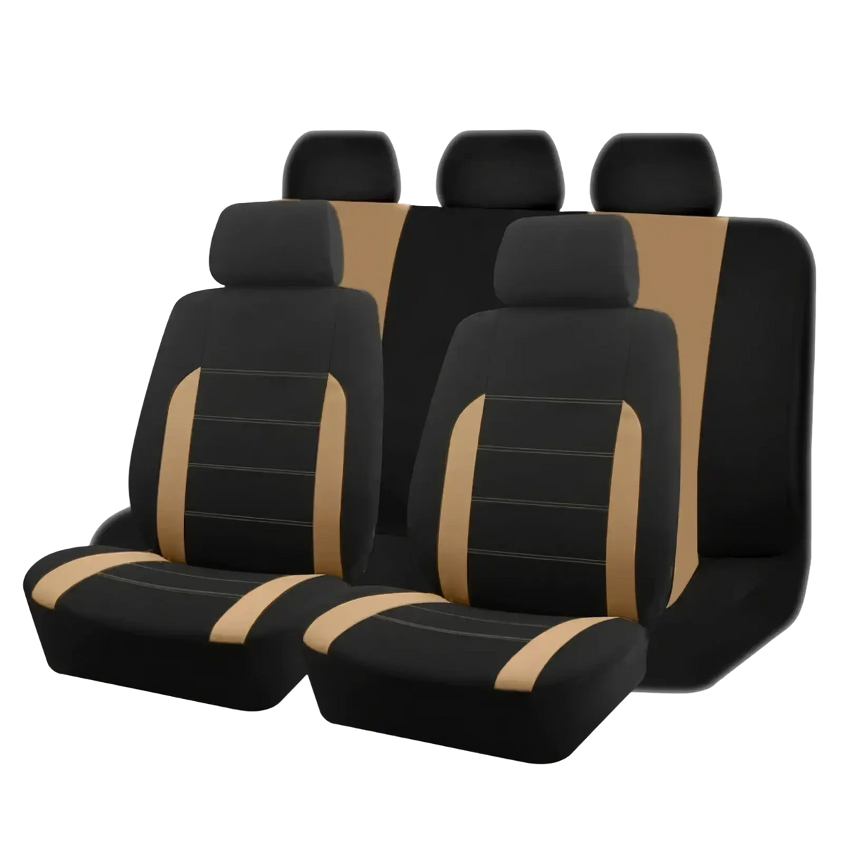 Universal car seat covers full set in black and tan with contrasting stitching for durable vehicle seat protection