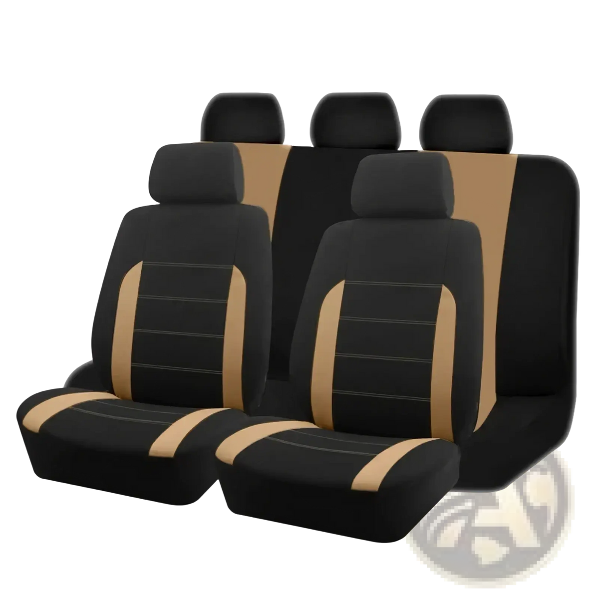 Universal car seat covers full set in black and tan with contrasting stitching for durable vehicle seat protection