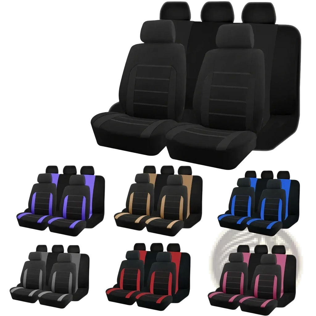 Universal car seat covers full set black tan with colorful contrasting trim in multiple color combinations
