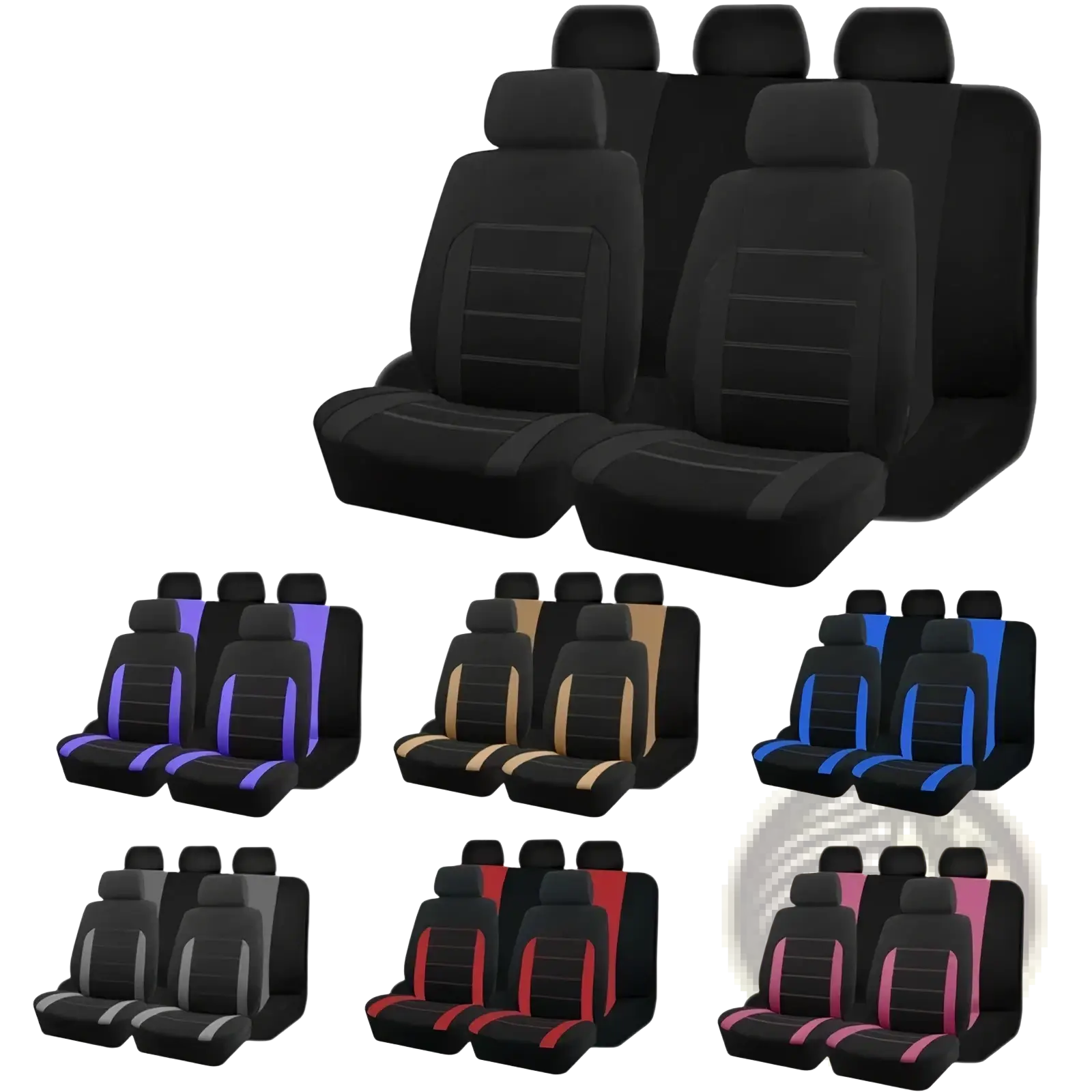 Universal car seat covers full set black tan with colorful contrasting trim in multiple color combinations