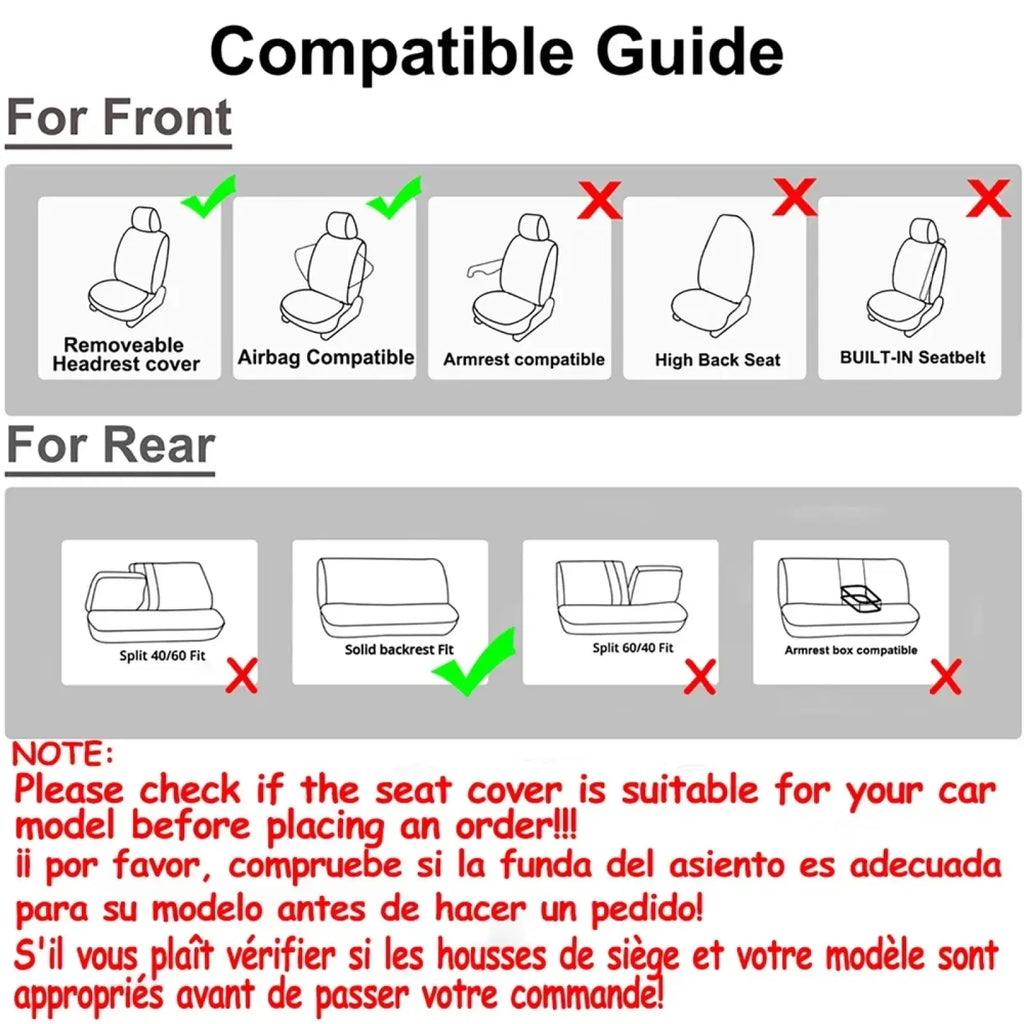 Universal car seat covers full set black tan showing airbag-compatible design and fit for removable headrests back side