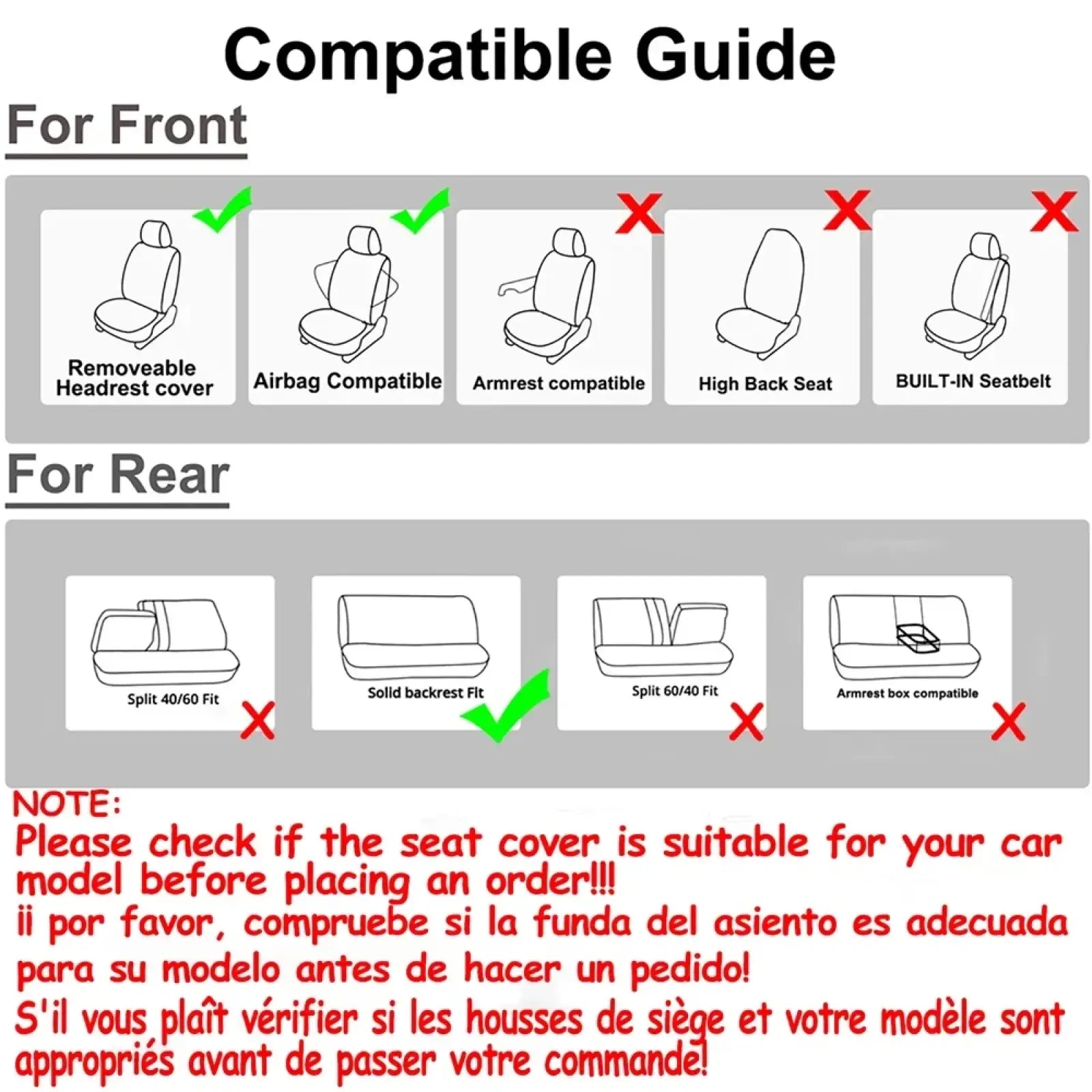 Universal car seat covers full set black tan showing airbag-compatible design and fit for removable headrests back side