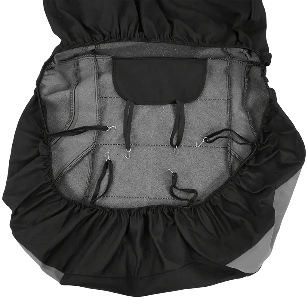 Black fabric universal car seat cover full set with gray interior lining and adjustable straps for secure fit