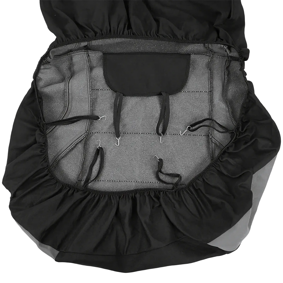 Black fabric universal car seat cover full set with gray interior lining and adjustable straps for secure fit
