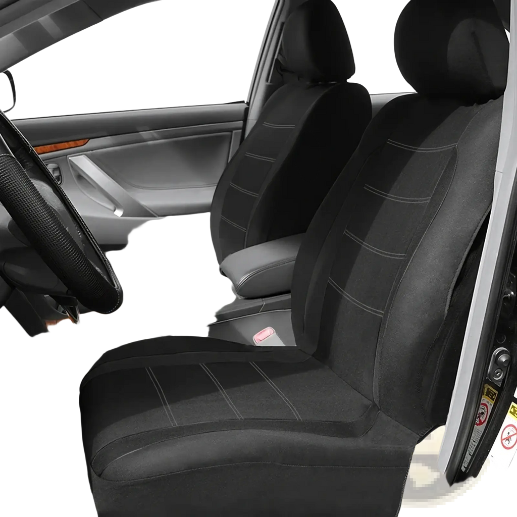 Black fabric universal car seat covers full set with subtle gray stitching for interior protection and style