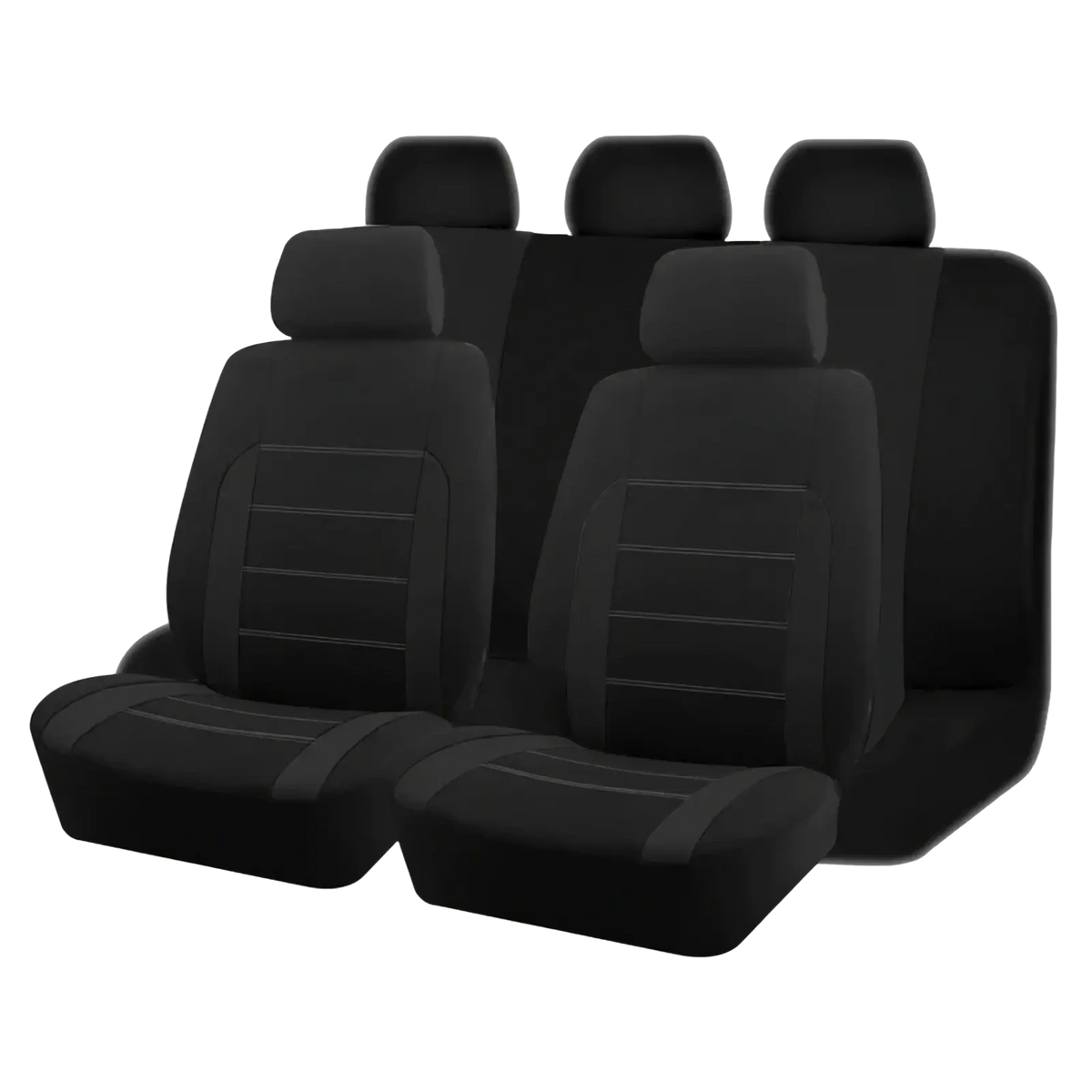 Universal car seat covers full set black fabric with subtle gray stitching details for durable vehicle protection