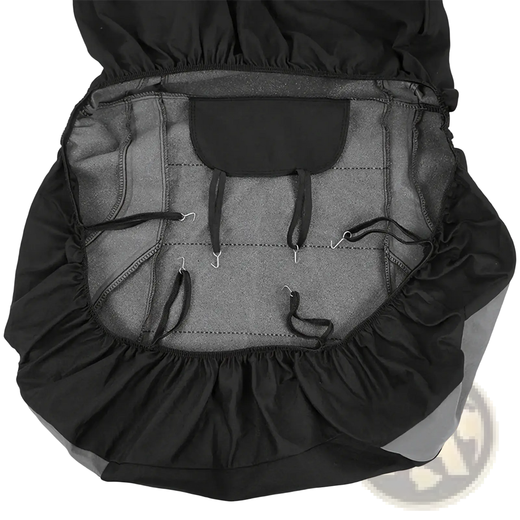 Black fabric universal car seat cover full set with gray interior lining and adjustable straps for secure fit