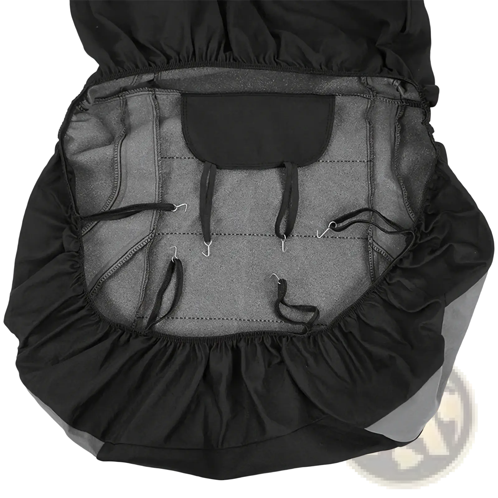 Black fabric universal car seat cover full set with gray interior lining and adjustable straps for secure fit