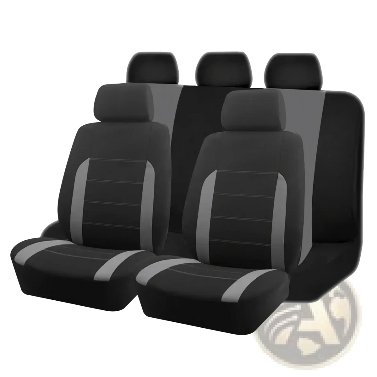 Universal car seat covers full set in black and tan with black and gray two-tone stitched paneling design