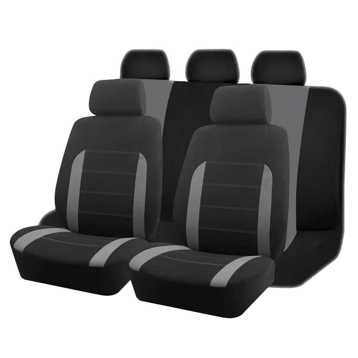 Universal car seat covers full set in black and tan with black and gray two-tone stitched paneling design