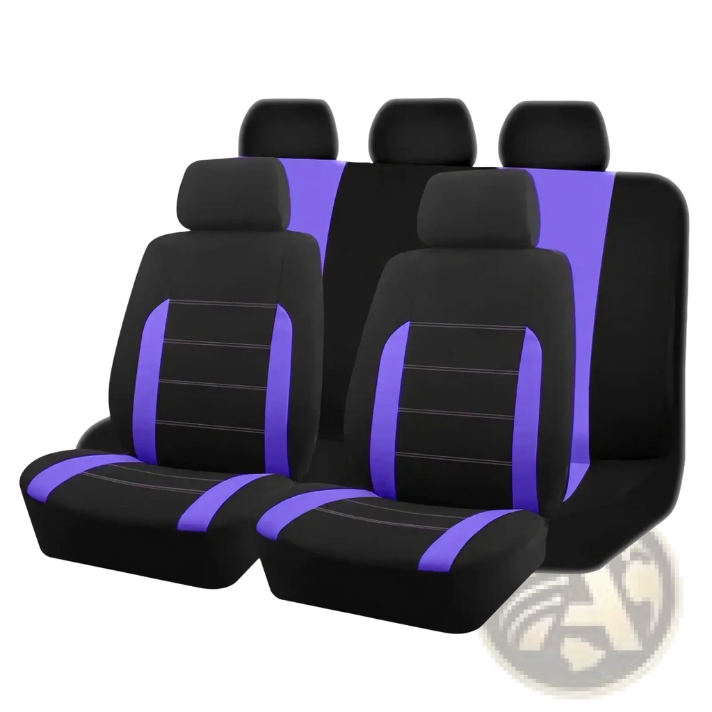 Universal car seat covers full set in black and tan featuring black and purple fabric with contrasting vertical stripes