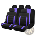 Universal car seat covers full set in black and tan featuring black and purple fabric with contrasting vertical stripes
