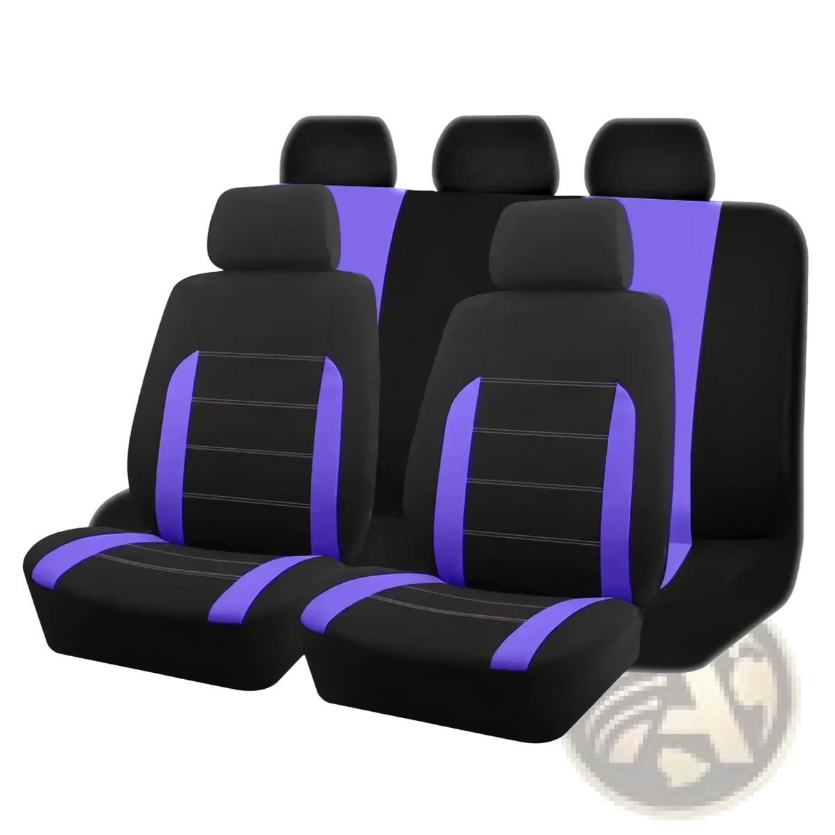 Universal car seat covers full set in black and tan featuring black and purple fabric with contrasting vertical stripes