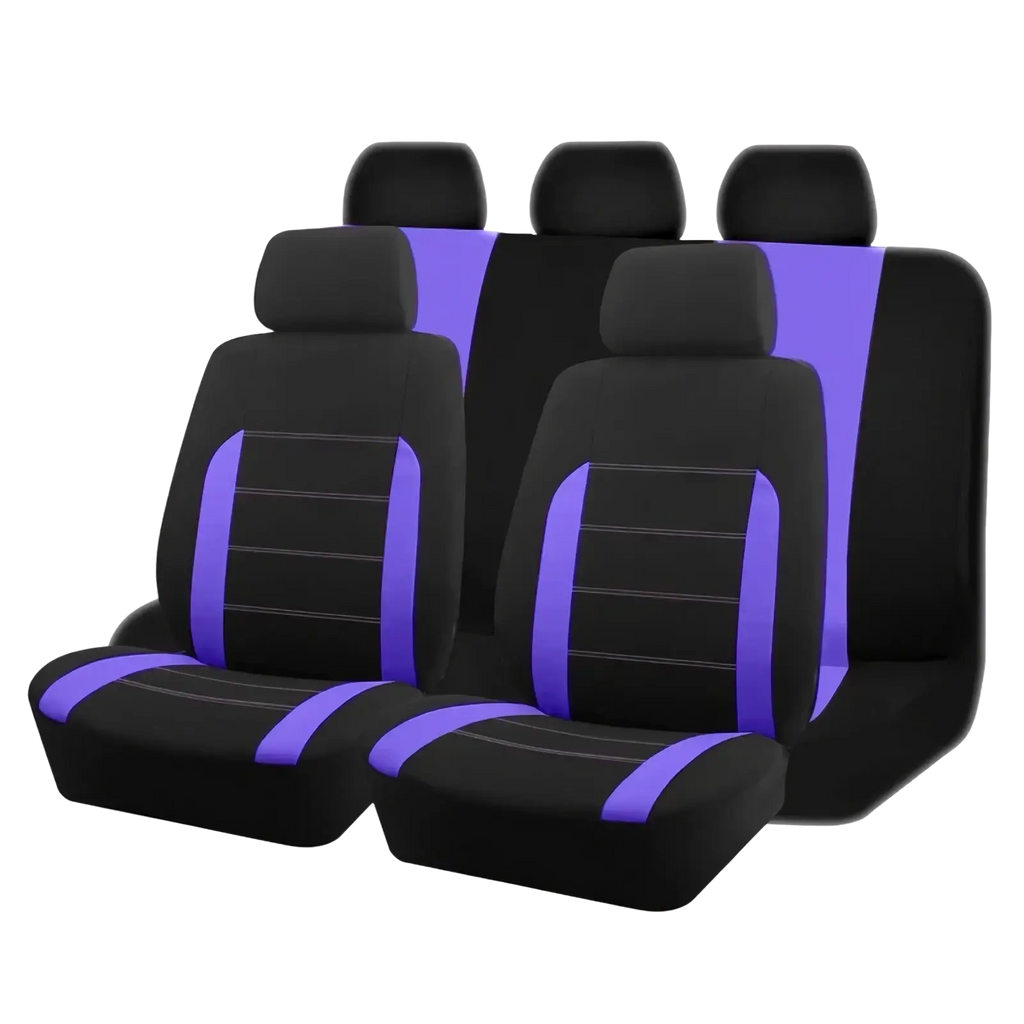 Universal car seat covers full set in black and tan featuring black and purple fabric with contrasting vertical stripes