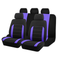 Universal car seat covers full set in black and tan featuring black and purple fabric with contrasting vertical stripes