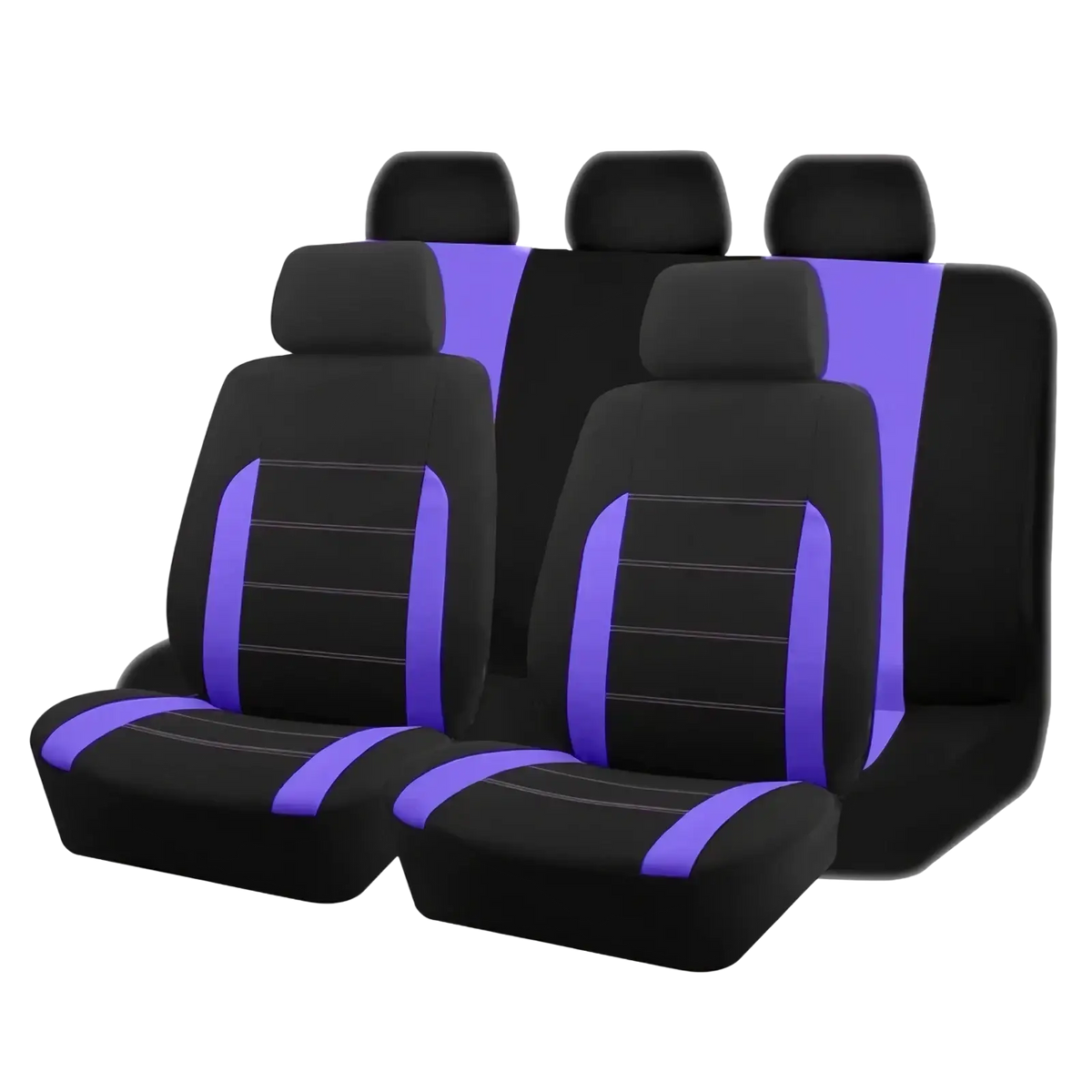 Universal car seat covers full set in black and tan featuring black and purple fabric with contrasting vertical stripes