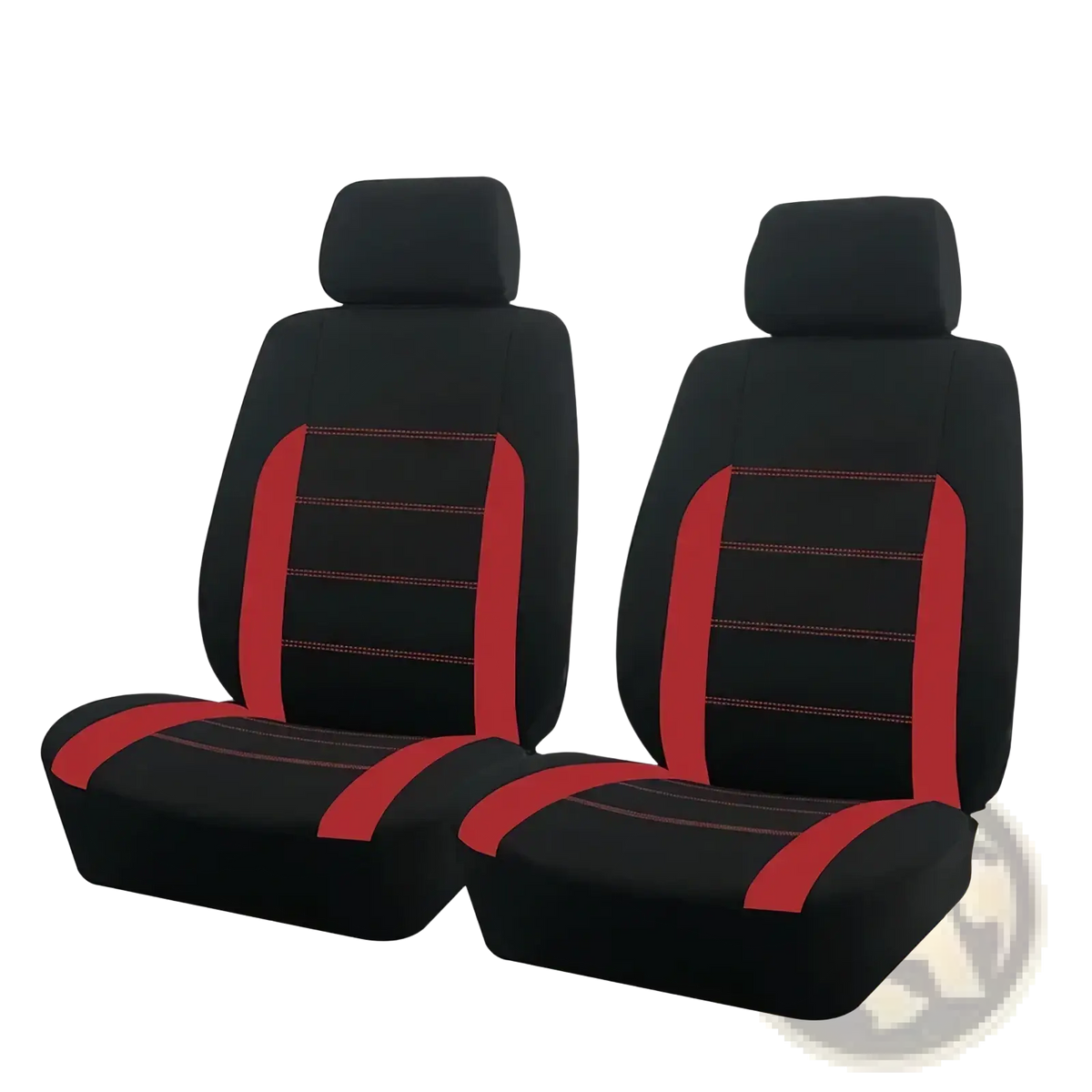 Universal car seat covers full set in black and tan with black and red stitched detailing for enhanced interior style