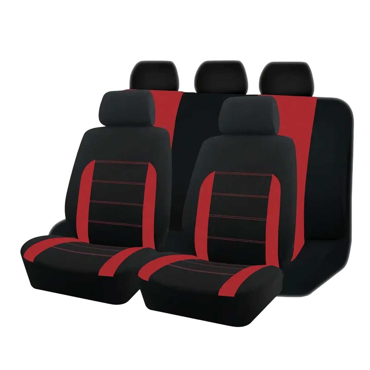 Universal car seat covers full set black and tan with black and red design featuring contrasting stitching