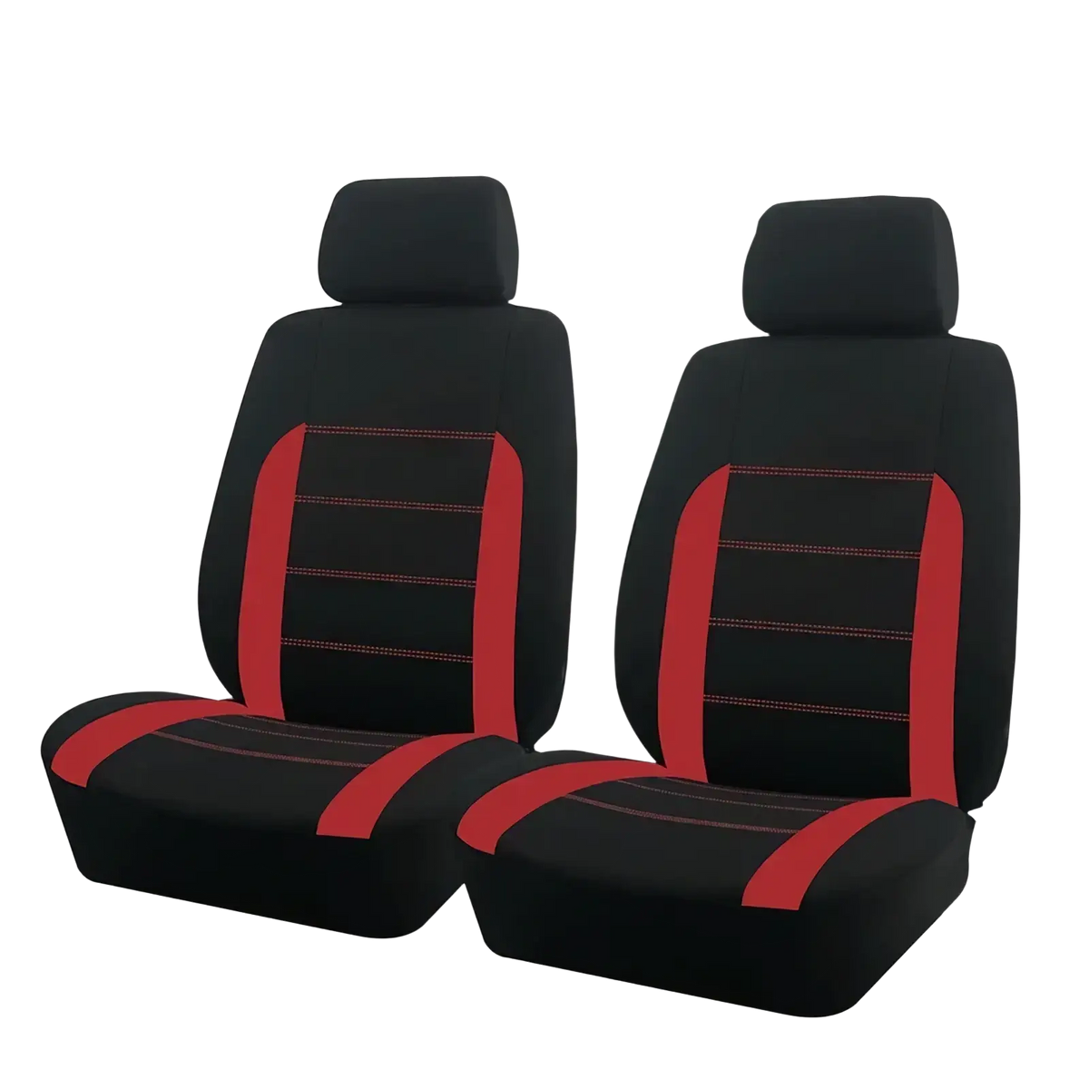 Universal car seat covers full set in black and tan with black and red stitched detailing for enhanced interior style
