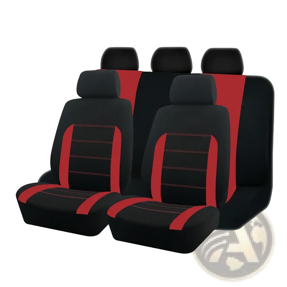 Universal car seat covers full set black and tan with black and red design featuring contrasting stitching
