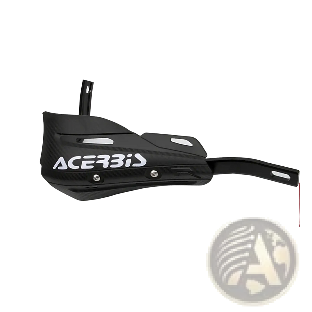 Black acerbis universal dirt bike handguard with carbon fiber texture and white branding showing the back side