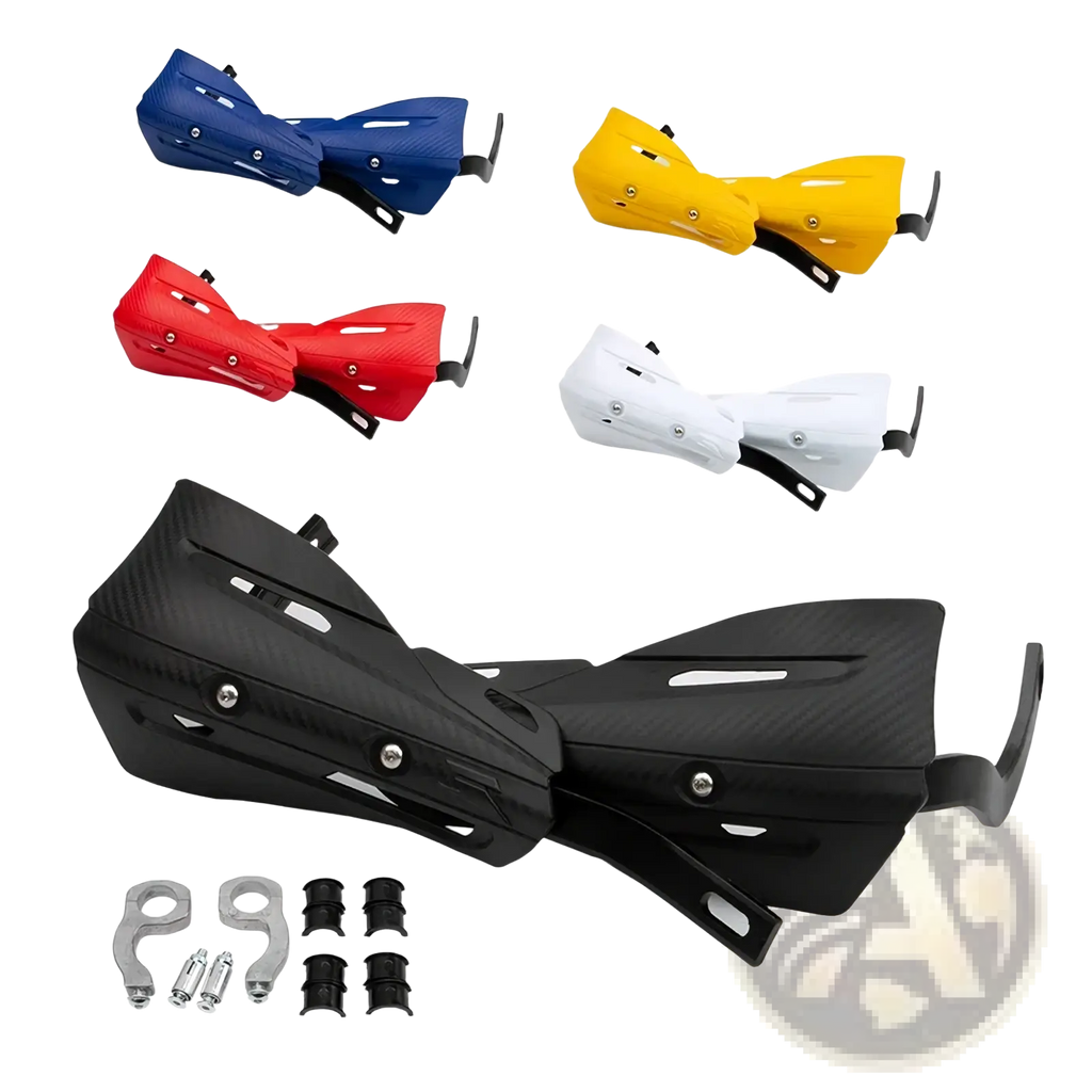 Black carbon fiber universal dirt bike handguard mounting kit with blue yellow red and white color options