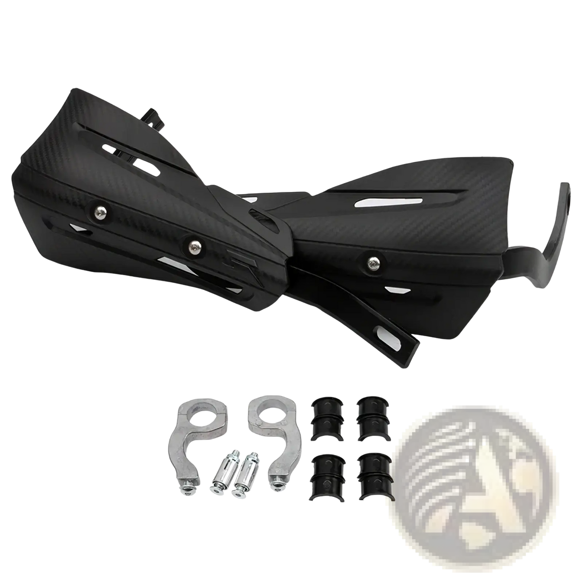 Black carbon fiber universal dirt bike handguard mounting kit with matching hardware shown from the back side